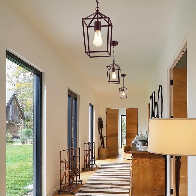 Sheetea 2-Pack Farmhouse Pendant Lights Kitchen Island, Pendant Light Fixtures Hanging Lamp for Dining Room, Modern Kitchen Pendant Lighting Over Island, Metal Cage Design, Brown