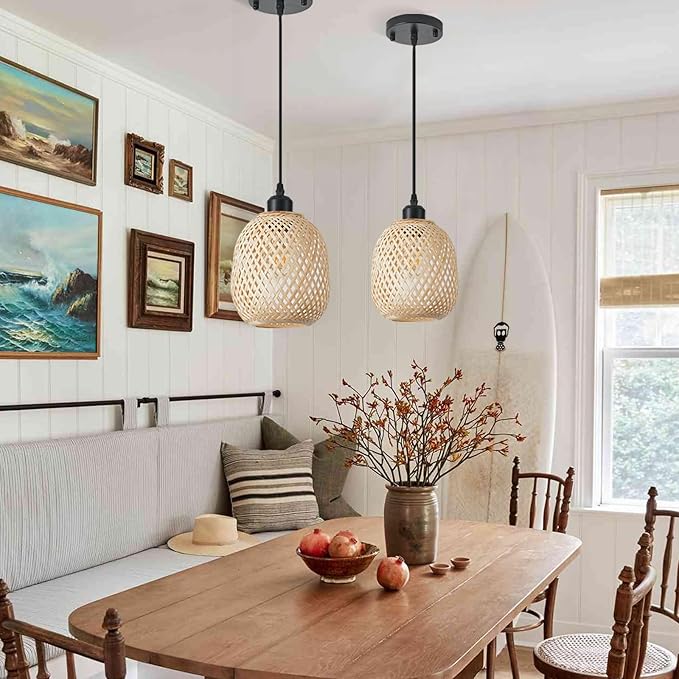 Hanging Light Fixture Set of 2, Mid Century Bohemian Rattan Bamboo Pendant Lighting,Torus Basket Woven Ceiling Chandelier for Kitchen Island Dinning Room Living Room Bedroom Nightstand