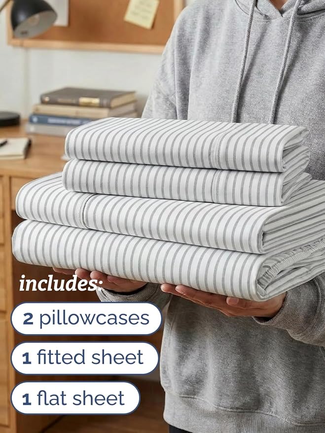 Twin XL 4 Piece Sheet Set - Comfy Breathable & Cooling - Soft Hotel Luxury Bedding Set with 8-16 Inch Deep Pockets - 1 Flat & 1 Fitted Sheet & 2 Pillowcases - Wrinkle Free & Easy Care - Grey Stripes 2