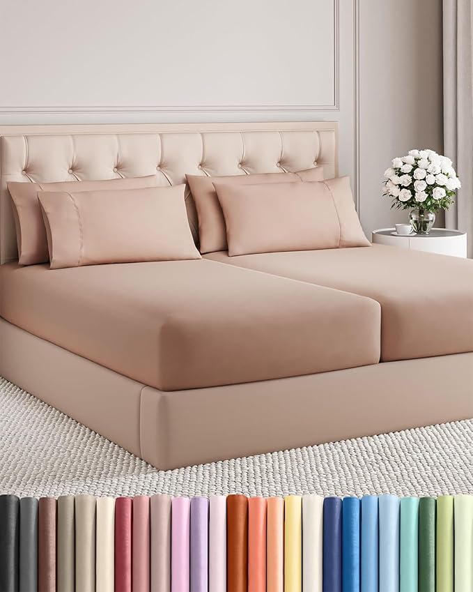 Split King 7 Piece Sheet Set - Comfy Breathable & Cooling - Ultra-Soft Hotel Luxury Bedding Set w/ 8-16 Inch Deep Pockets - 1 Flat & 2 Fitted Sheet & 4 Pillowcases - Wrinkle Free & Easy Care - Mauve