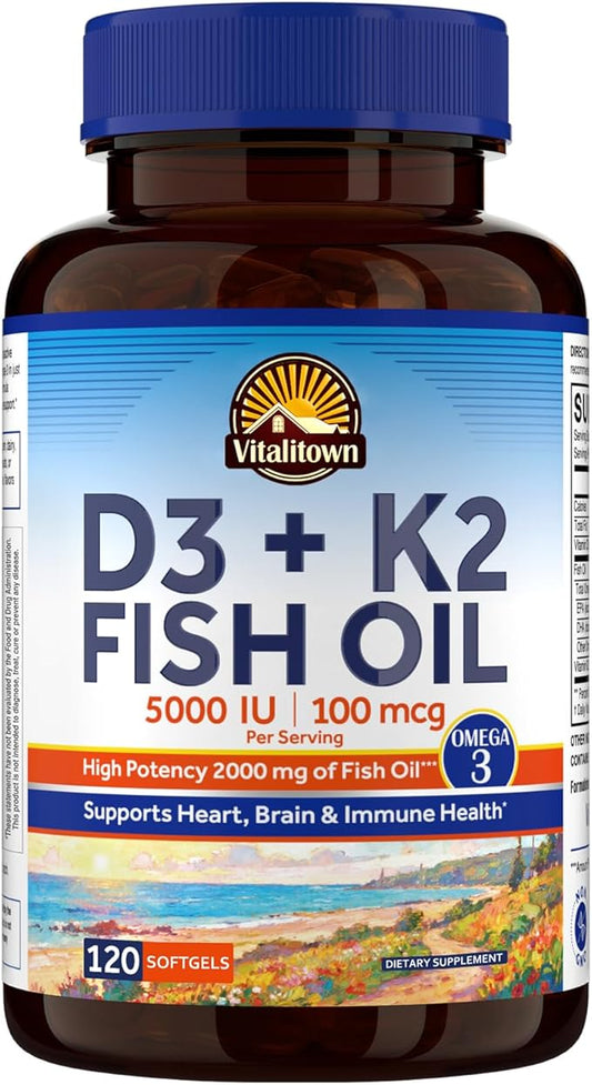 Vitalitown Vitamine D3 K2 avec des suppléments d'huile de poisson Oméga-3, 1000mg EPA DHA acides gras Oméga 3 provenant de poissons sauvages frais, soutien pour la santé cardiaque et cérébrale, 120 gélules.