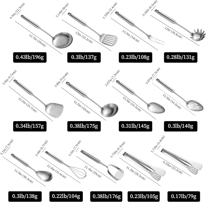 Stainless Steel Kitchen Utensils 13 PCS All Metal Set for Cooking | Food-grade 304-Healthy;Dishwasher safe;One-piece-Sturdy;Plenty of tools for all needs;Great gifts for cooking enthusiast,chef