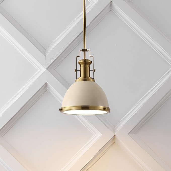 JONATHAN Y JYL9535F 10" Modern Industrial Dome Pendant Light, Farmhouse Hanging Light Fixture in Almond and Brass Gold, Adjustable Height Metal Lighting for Kitchen Island, Dining Room, Entryway