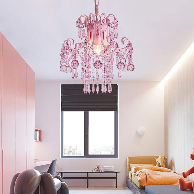 Q&S Mini Crystal Chandelier, Modern Pink Chandelier,Small Hanging Light Fixture for Princess Room Dressing Room Bathroom Clothing Store Salon W11.8 1 Light E26. UL Listed