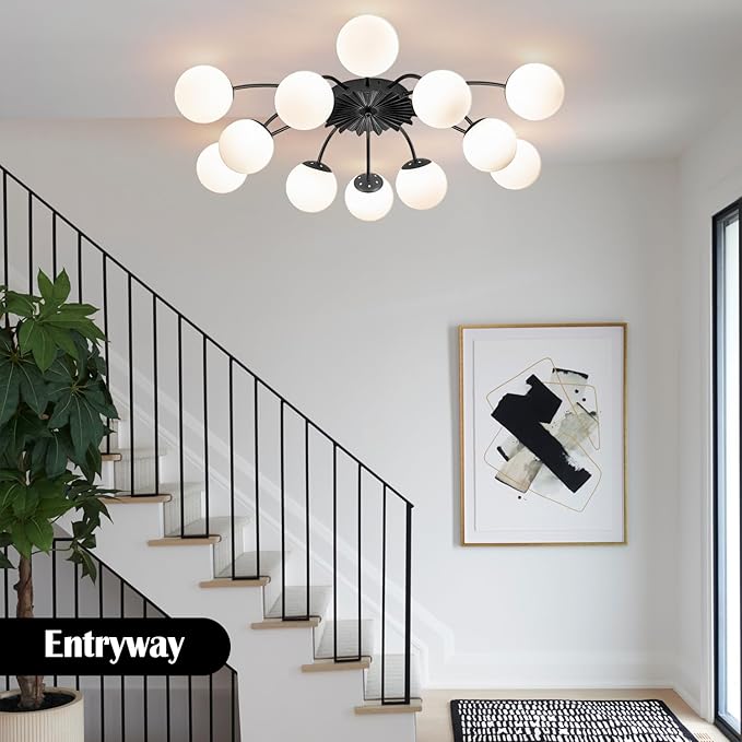 12-Light Milk Glass Pendant Light, 33" Sputnik Bubble Glass Chandelier Light Fixture, Hand Blown Semi Flush Mount Ceiling Chandeliers Lighting for Dining Room, Living Room (Black, 12-Light Ceiling)
