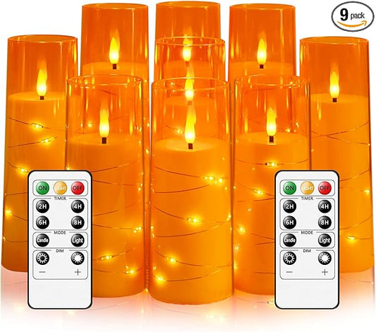kakoya Flameless LED Candles with Timer 9 Pc Flickering Flameless Candles for Romantic Ambiance and Home Decoration Stable Acrylic Shell,with Embedded Star String，Battery Operated Candles（Orange）