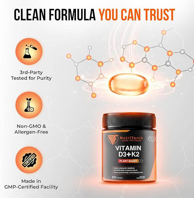 Complément alimentaire végétal Vitamine D3 + K2, 5000 UI D3, 100 mcg K2, 60 gélules, végétalien, sans gluten avec MCT de noix de coco pour la santé des os et du système immunitaire