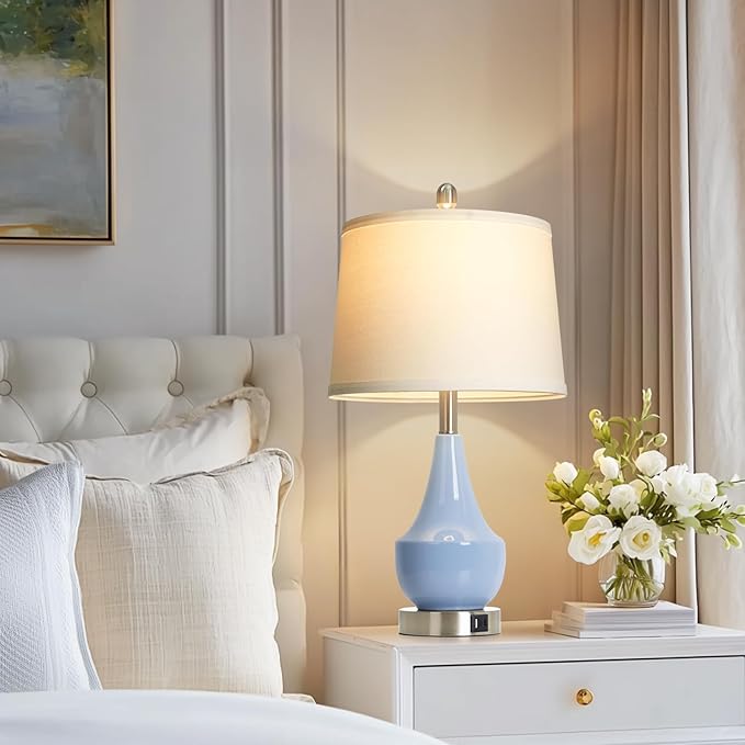 Cinyirong Modern Blue Table Lamp Set of 2, 24" Ceramic Table Lamp with USB A+C Ports,Classic Beside Lamps Nightstand Lamp Modern Lamp for Living Room, Bedroom & Office -LED Bulbs Included