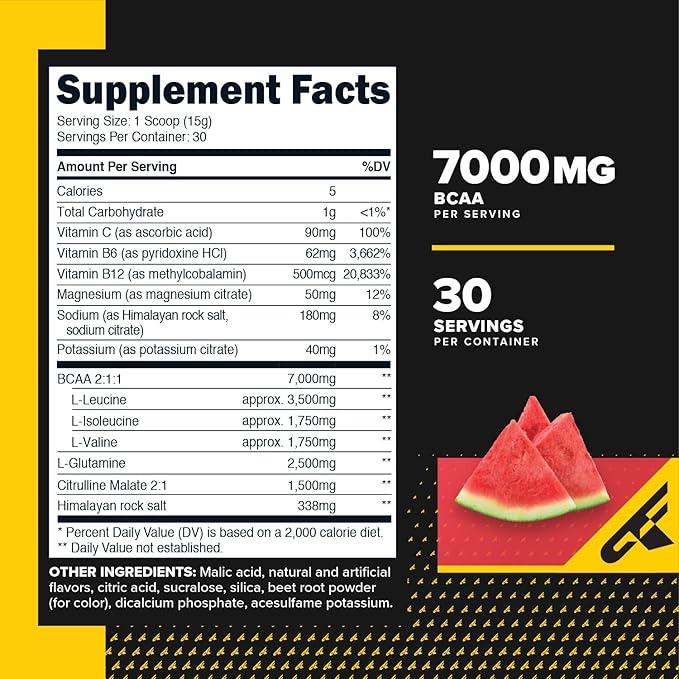 Primaforce BCAA Powder (Watermelon) - 7000MG 2:1:1 BCAAs, 30 Servings, Post-Workout Recovery Drink with Amino Acids and Real Salt for Men & Women
