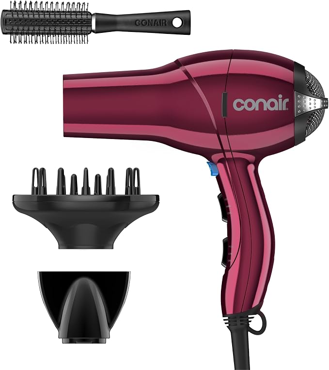 Conair Salon Hair Dryer | 1875-Watt AC Motor Fast Drying Salon Dryer, Reduces Frizz with Ionic Technology, Burgundy with Bonus Brush, 279BRL