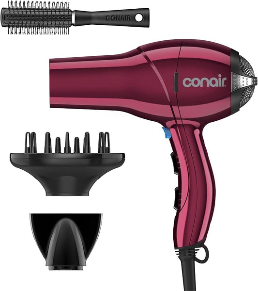 Conair Salon Hair Dryer | 1875-Watt AC Motor Fast Drying Salon Dryer, Reduces Frizz with Ionic Technology, Burgundy with Bonus Brush, 279BRL