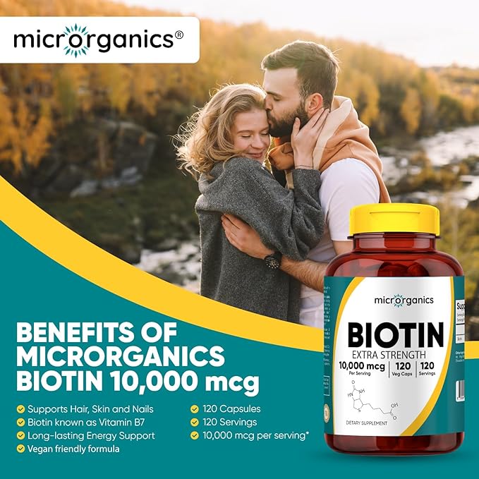 Biotin 10,000 mcg Extra Strength – Supports Hair, Skin & Nail Health, and Energy Metabolism – High Potency Vitamin B7 – 120 Vegan Capsules, 120 Servings