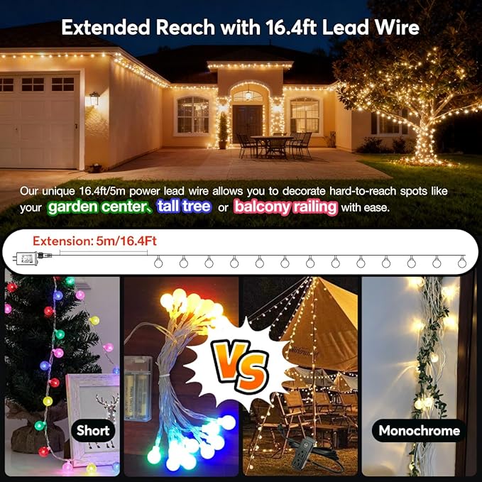 RaThun 180ft Globe String Lights with 16ft Extended Lead & Stable Remote - 300 LED Warm White, 8 Distinct Modes, IP44 Waterproof & UL Listed for Backyard Wedding Patio Garden Large Area Decoration