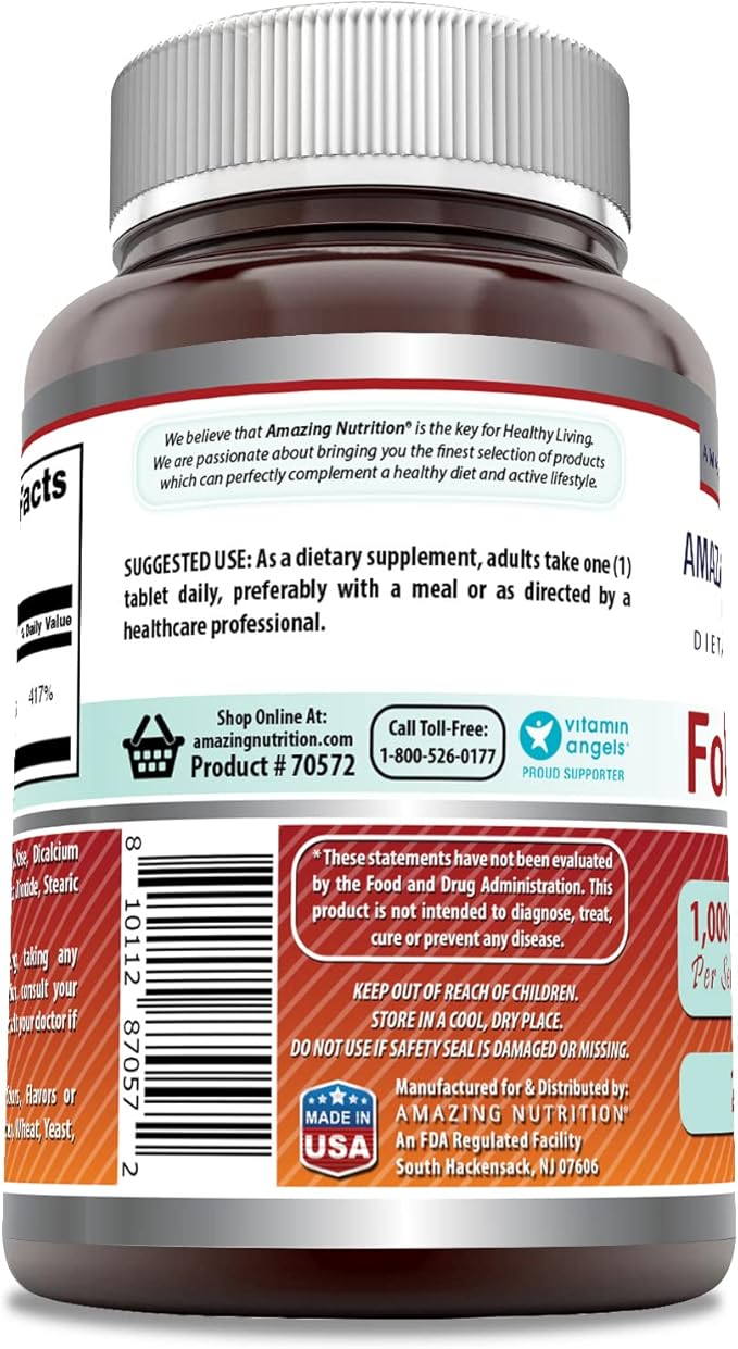 Amazing Formulas Folic Acid 1000 Mcg (1 Mg) | 240 Tablets Supplement | Vitamin B9 | Non-GMO | Gluten Free | Made in USA