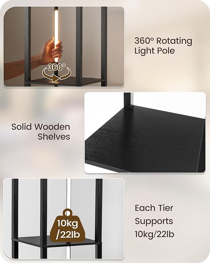 64.2" Display Shelf with Light, Modern Corner Floor Lamp with Shelves, 3000K-6000K LED Dimmable Standing Lamp with Remote for Living Room, Bedroom, Office, Adjustable CCT, Black Square B51LD05