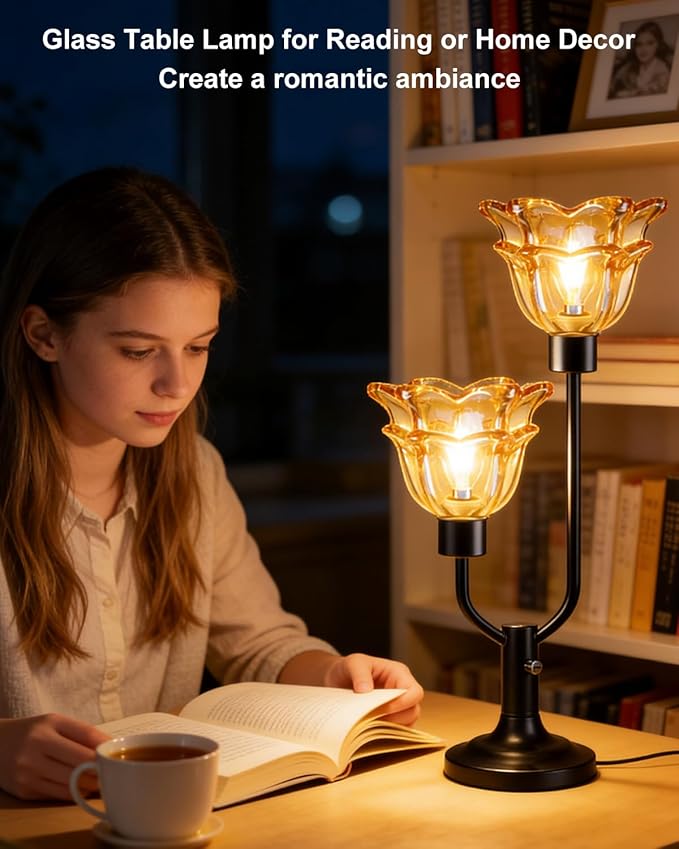 Lightdot Mid Century Modern Flower Table Lamp for Living Room Dimmable Nightstand Lamp Amber Glass Vintage Black Desk Lamp 2 Bulbs Included Warmwhite Ambient Bedside Lamp for Bedroom Home Office Decor