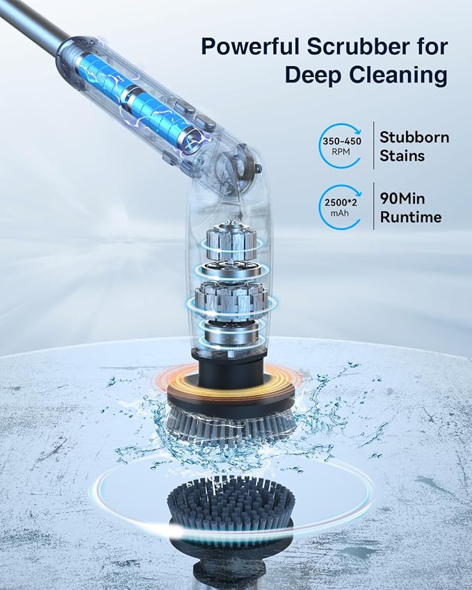 Leebein Electric Spin Scrubber, Shower Scrubber with 4 Adjustable Angles and 8 Brush Heads, Electric Scrubber with Long Handle & Remote Controller, Cleaning Brush for Bathroom, Tub, Floor (Black)