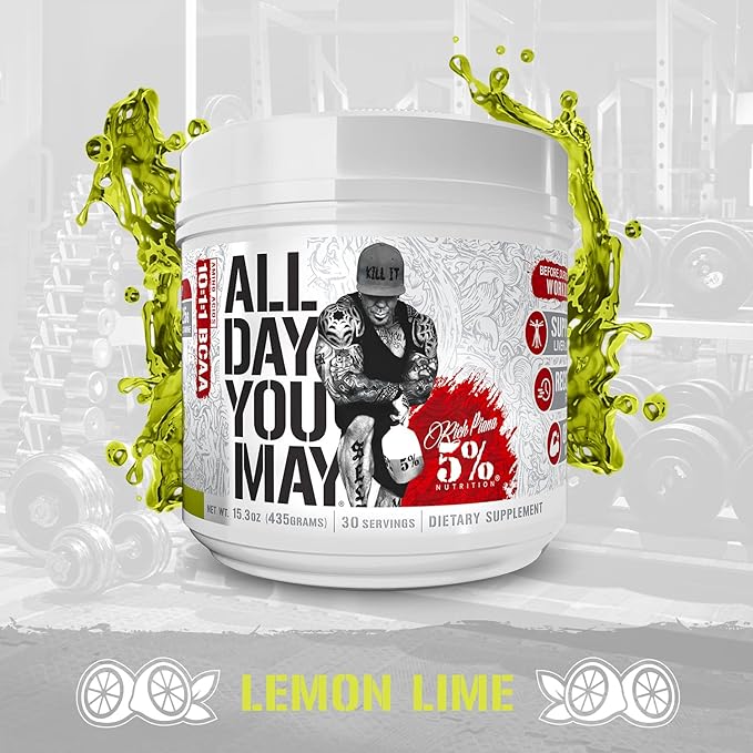5% Nutrition Rich Piana AllDayYouMay BCAA Powder Premium Intra & Post Workout Amino Acids, Hydration, Endurance, Muscle Recovery, Joint & Liver (Lemon Lime)