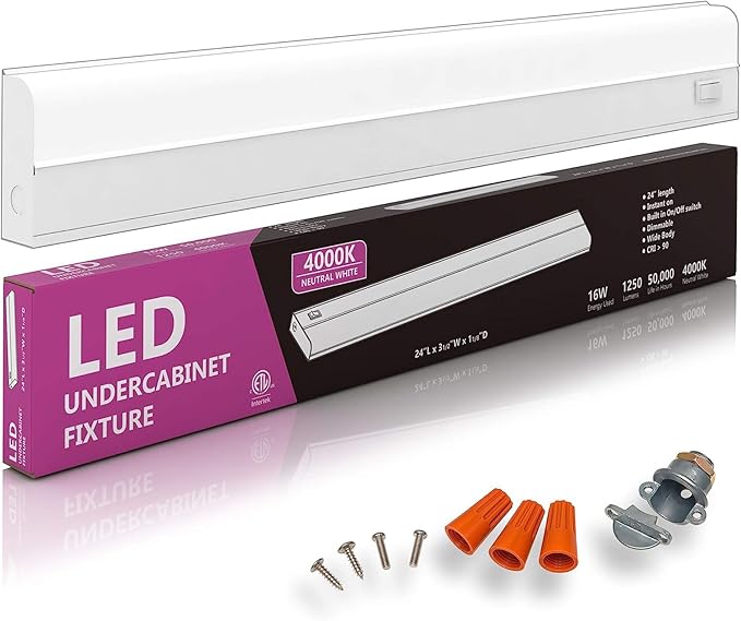 6 Pack Hardwired LED Under Cabinet Lighting - 16 Watt, 24", Dimmable, CRI>90, 4000K (Cool White), Wide Body, Long Lasting Metal Base with Frost Lens