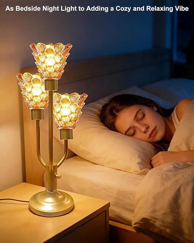 Mid Century Modern Table Lamp Nightstand Lamp Dimmable Gold Vintage Desk Lamp with Brown Glass 3 Bulbs Included Warmwhite Ambient Bedside Lamps for Living Room Bedroom Office Home Decor