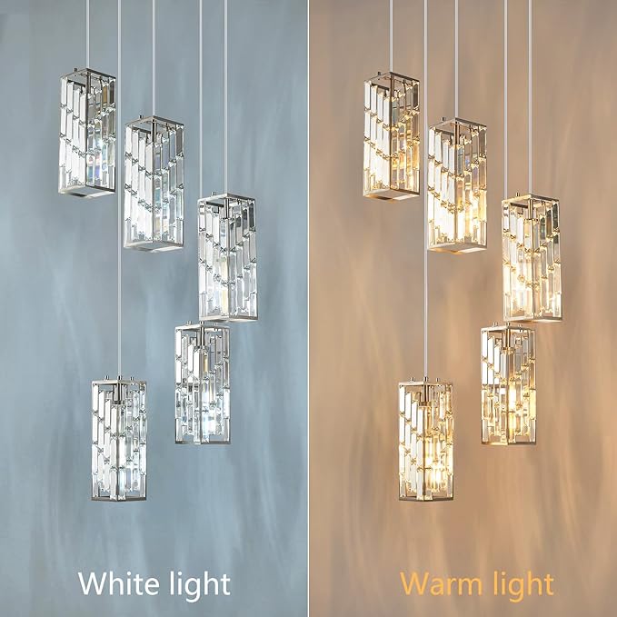 Brushed Nickel Pendant Lighting Modern Pendant Light, Mini Crystal Chandeliers,Adjustable Pendant Light Fixture for Kitchen Island Dinning Room Bedroom (5 Light)