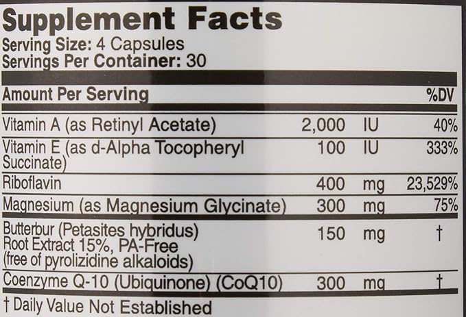 偏頭痛緩和、PAフリーフキタンポポ（150mg）、コエンザイムQ10（300mg）、マグネシウムグリシン酸（300mg）、高用量リボフラビン（400mg）配合クアッドフォーミュラ - MigrA Zero (120カプセル) 偏頭痛に悩む方に最適な用量