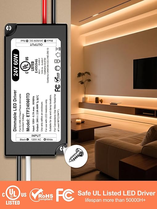 24V Dimmable LED Driver 60W, UL Listed DC 24V Triac ELV/MLV LED Dimmable Power Supply Compatible with Lutron & Leviton Switches 60 Watt LEDs Transformer 24 Volt for Strip Cabinets Light