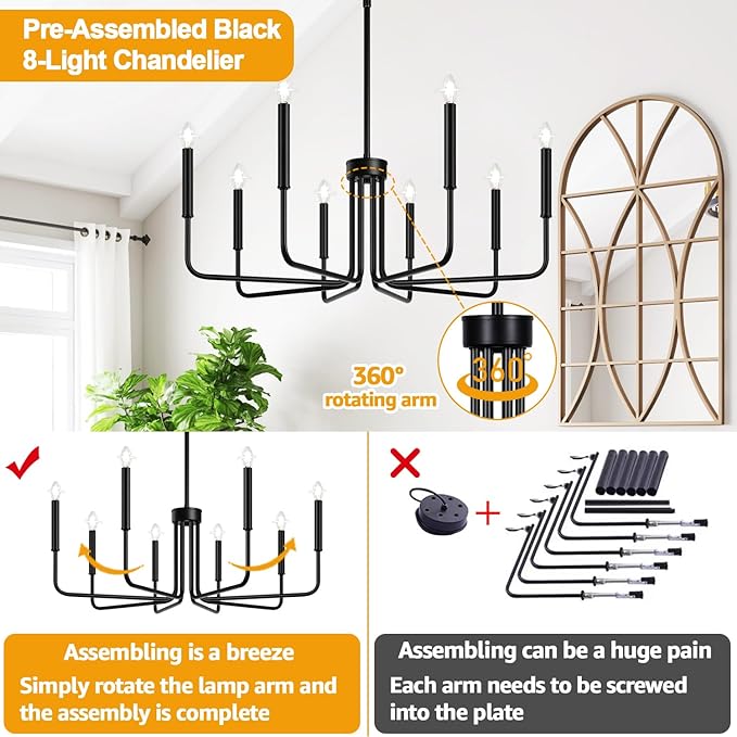 Lynnoland Black 8-Light Chandelier, Farmhouse Chandelier for Dining Room Lighting Fixtures Hanging, Vintage Candle Pendant Light Fixtures Chandelier for Bedroom, Foyer and Living Room