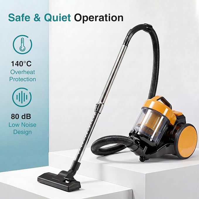 OLIXIS Canister Vacuum Cleaner for Home, Lightweight Portable Vacuum Cleaners with Automatic Retractable Cord, Bagless Canister with Washable HEPA Filter for Hardwood Floor & Carpet, Yellow