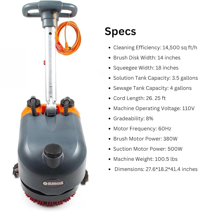 14" Walk-Behind Commercial Floor Scrubber Machine, 18" Squeegee, 3/4-Gal Tanks, 180 RPM, 26-ft Corded Hard Floor Cleaner for Offices, Cafes, Boutiques, Clinics & Tight Spaces