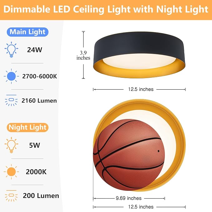 Bargeni Flush Mount Ceiling Light with Remote & Night Light, Black Gold | 12.5" 24W dimmable LED ceiling light with 5CCT (2700K-6000K), ideal for bedroom, living room and kitchen