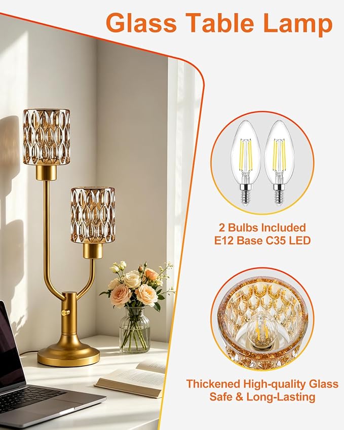 Lightdot Mid Century Modern Table Lamp for Living Room Dimmable Nightstand Lamp Amber Glass Vintage Gold Desk Lamp 2 Bulbs Included Warmwhite Ambient Bedside Lamps for Bedroom Home Office Decor Gift
