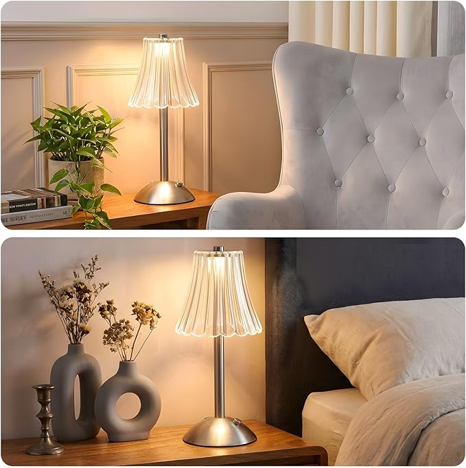 Liliful 4 Pcs Cordless Table Lamp Rechargeable Touch LED Small Gold Portable Battery Operated USB-c Desk Lamp 3 Color Dimmable for Bedroom Living Room Dining (Silver,Rose Style)