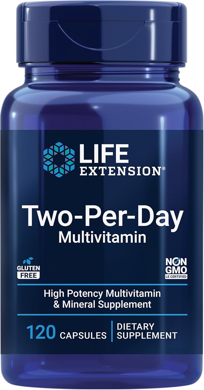 Life Extension Multivitamine Deux-Par-Jour, Vitamines B, C, D, zinc, Riche en plus de 25 vitamines, minéraux et extraits, Pour deux mois, Sans OGM, Sans gluten, 120 gélules