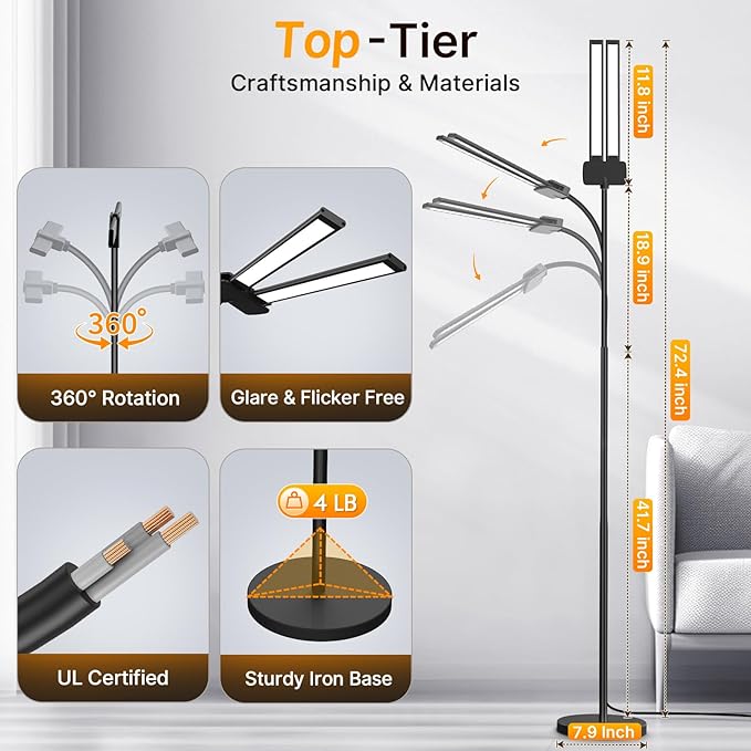 Syrinx LED Floor Lamp, 18W 2000LM Bright Reading Floor Lamp for Office, Gesture & Remote Control, Dual Head Goose-Neck Standing Lamp, Dimmable Brightness & Color Temp, Eye Caring Light for Living Room