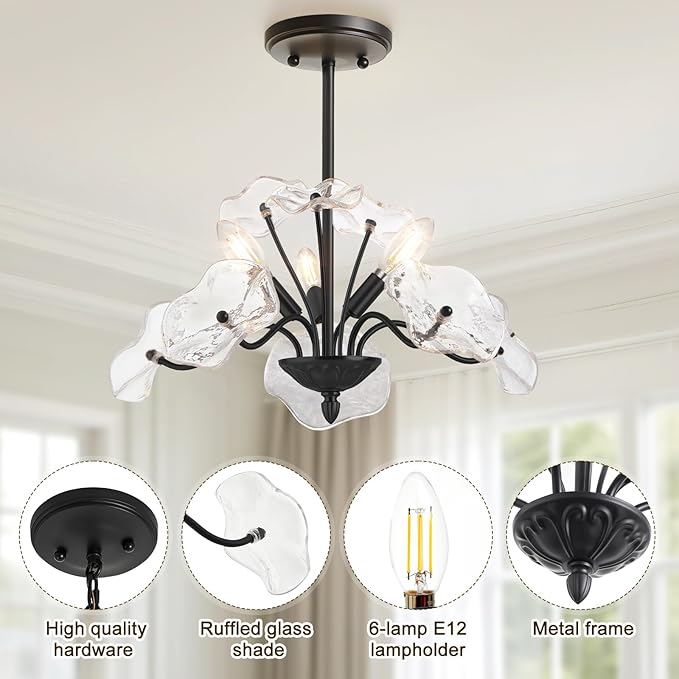 Luvkczc Black Chandelier,Vintage Flower Glass Pendant Light Fixture,Mid Century Ceiling Light Fixture for Dining Room, Kitchen, Living Room, Bedroom Hallway Porch,3 Lights