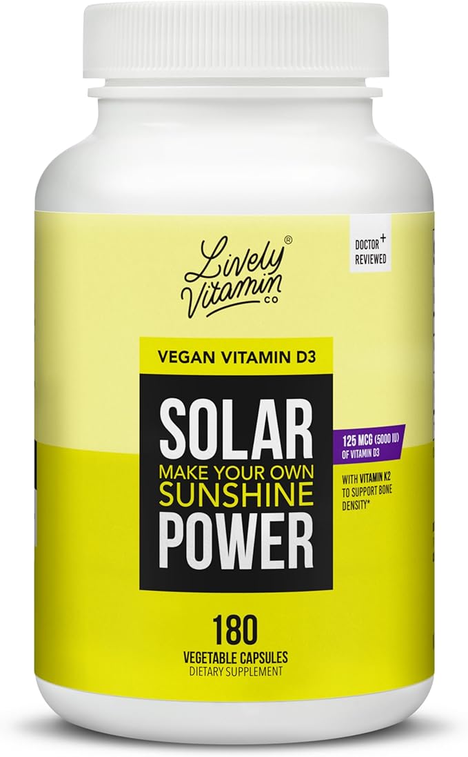 LIVELY VITAMIN CO. Solar Power Vitamin D3 5000 iu - Patented Vitamin K - MK7 - Immune Balance - Brain Function - Mood - Heart - Stress - 180 Count