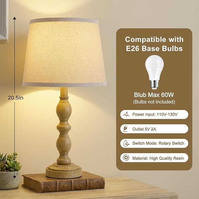 GyroVu 20.5" Table Lamps for Nightstand Set of 2, Farmhouse Lamps for Bedroom, Small Desk Lamps for Living Room, Linen Shades, Knob Switch, Bedside Lamps for Reading, Office (Brown)