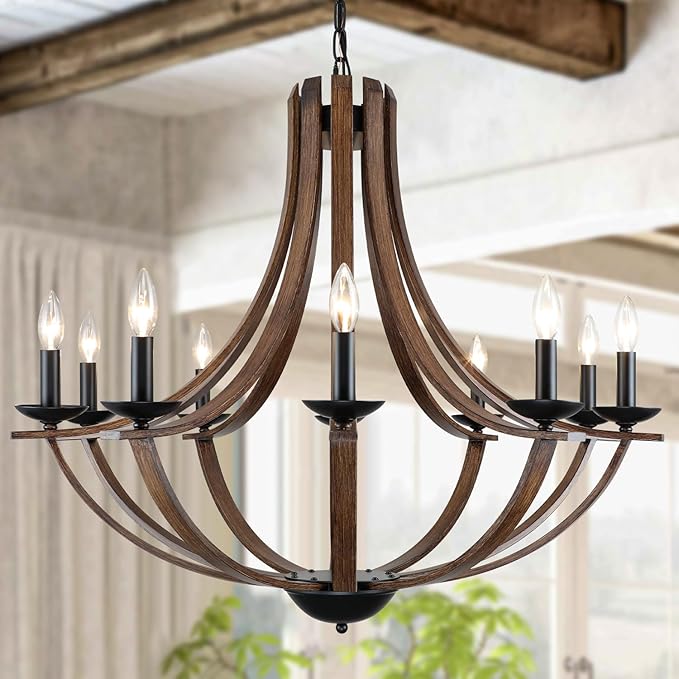 LAMPKEDUO Rustic Chandeliers for Dining Room Light Fixture, 10-Light 35" Adjustable Height Retro Faux Wood Texture Farmhouse Light Fixtures for Living Room Bedroom Foyer Entryway