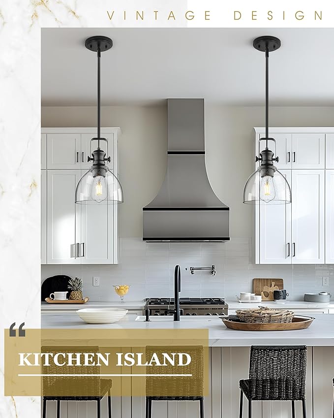 Black Pendant Lights Kitchen Island, 7.5" Farmhouse Pendant Lighting with Clear Seeded Glass Shade, Vintage Hanging Light Fixtures for Dining Room, AD-22151-1P-BK-G