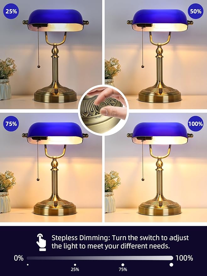 Blue Glass Bankers Desk Lamp, Stepless Dimmable Table Lamp Plug in Fixture for Study, Home Office, LED Bulb Included