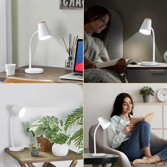 EJIAXIN Desk Lamp for College Dorm Room - Small LED Desk Lamp Touch Dimmable Reading Light for Home Office - Adjustable Flexible Gooseneck Table Lamp for Bedside Bedroom Nightstand White