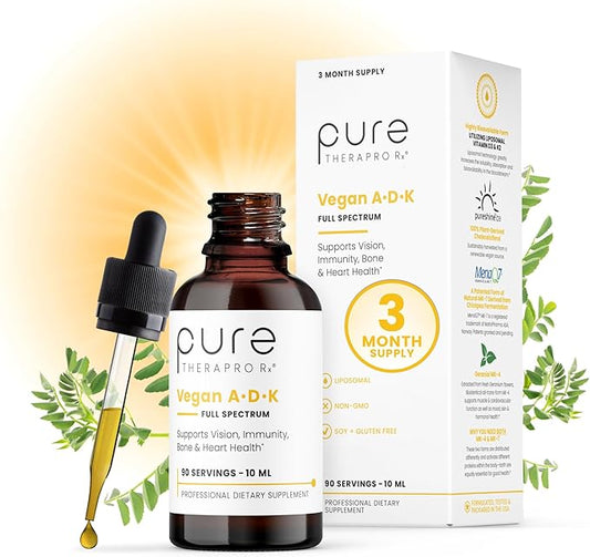 Pure Therapro Rx Vegan Gouttes A-D-K 10 ml, Fabriquées aux États-Unis | Pour 3 mois | Vitamine A (palmitate), Vitamine D3 liposomale (Pureshine), Vitamine K2 liposomale (MK-4 et MK-7) Soutient l'immunité et la santé des os