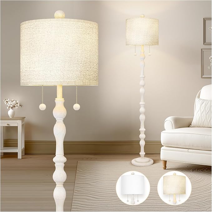 Scenekoy 65.5” Natural Real Wood Floor Lamp for Living Room Bedroom, Dual S Cluster Socket, Pull Chains Switch, Farmhouse Tall Standing Lamp with Linen Shade for Home Room Decor (Bulbs Included)