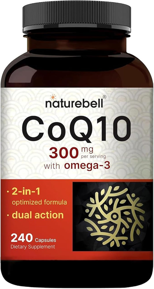 NatureBell CoQ10 300mg - 240 Capsules - High-Potency Support for Healthy Heart - Daily Energy & Vitality Aid with Antioxidant Support - Easily Absorbed Ubiquinone & Omega-3*