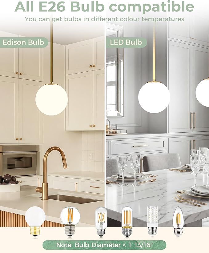 Majade Globe Pendant Lights Kitchen Island Mid Century Modern Pendant Light Fixtures 2 Pack 7.4 Inch Gold Ceiling Lighting with Milk Glass Shade Adjustable Brushed Brass Hanging Light for Dining Room