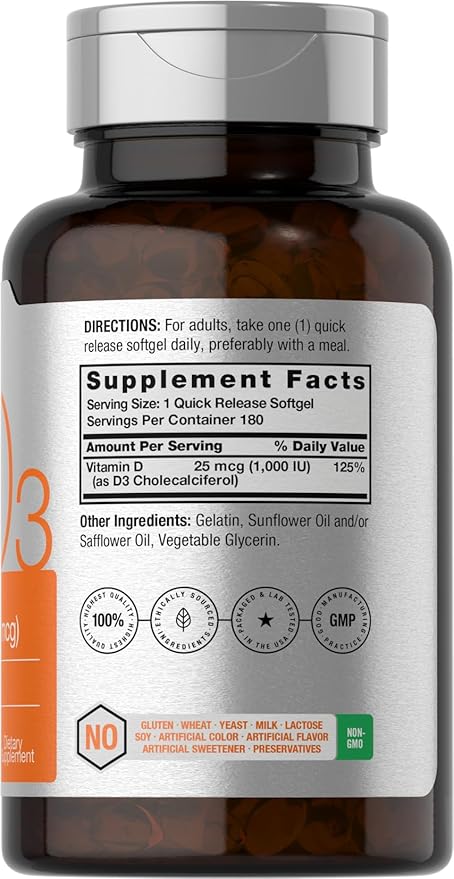 Horbäach Vitamine D3 1000 UI (25 mcg) Gélules | 180 unités | Formule à haute puissance | Complément sans OGM et sans gluten