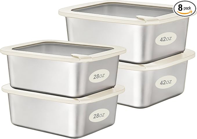 Stainless Steel Food Containers with Glass Lid, Airtight Leakproof Stainless Steel Storage Containers in set of 4, Rectangle Shape, Microwave Safe Food Container Set, 100% Plastic Free, BPA Free
