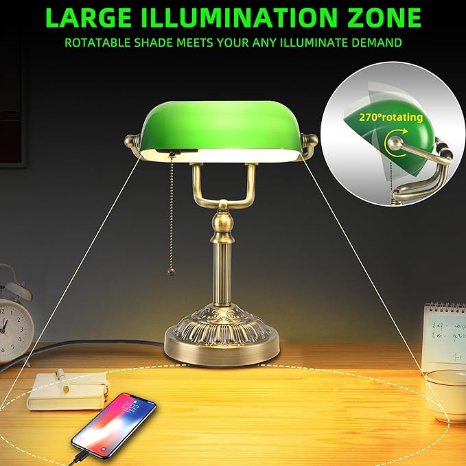 Bankers Desk Lamp with USB-A Charging Port, Vintage Desk Lamps with Pull Chain Green Glass, Antique Brass Banker's Lamp for Home Office Library