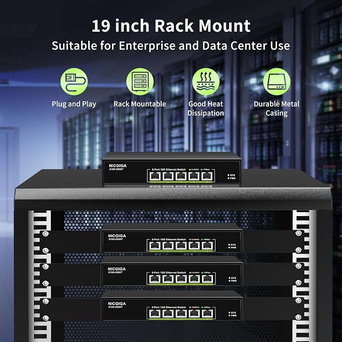 5 Port 10G Ethernet Switch Unmanaged,with 5X 10Gb Base-T RJ45 Ports, NICGIGA 10Gbps Network Switch Easy for 10G NAS,PC,WiFi7 Router,10G Adapter/NIC. Desktop or 19-inch Rack Mount, Plug and Play.